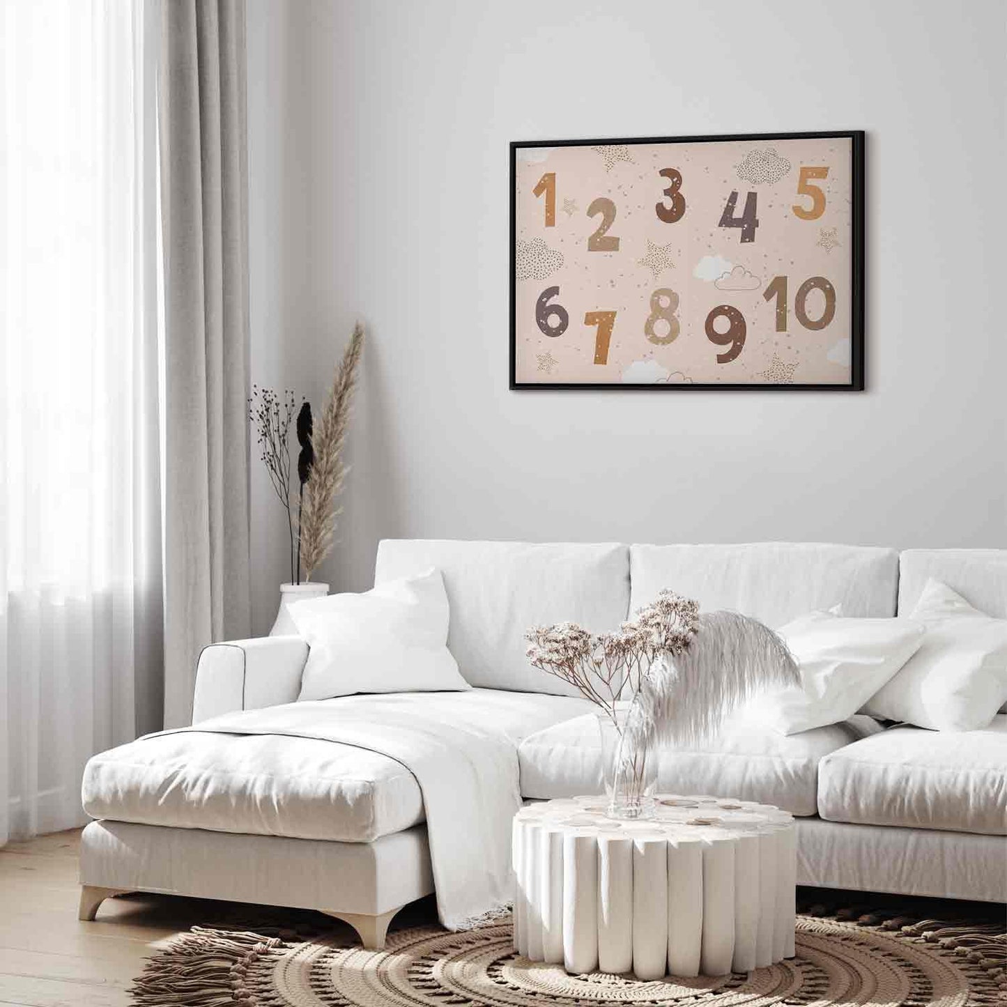 Hoppende tall - Tall i en dempet beige-brun fargetone blant snøfnugg, stjerner og skyer