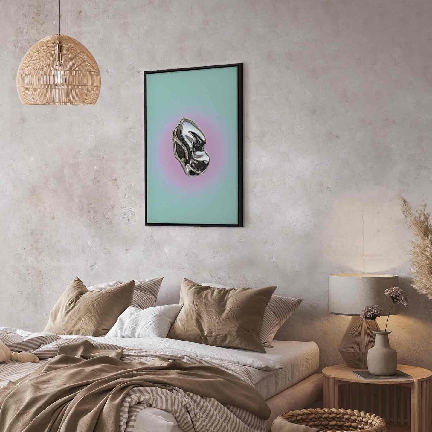Metallform - Abstrakt skulptur på en mintfarget bakgrunn med en lilla glorie