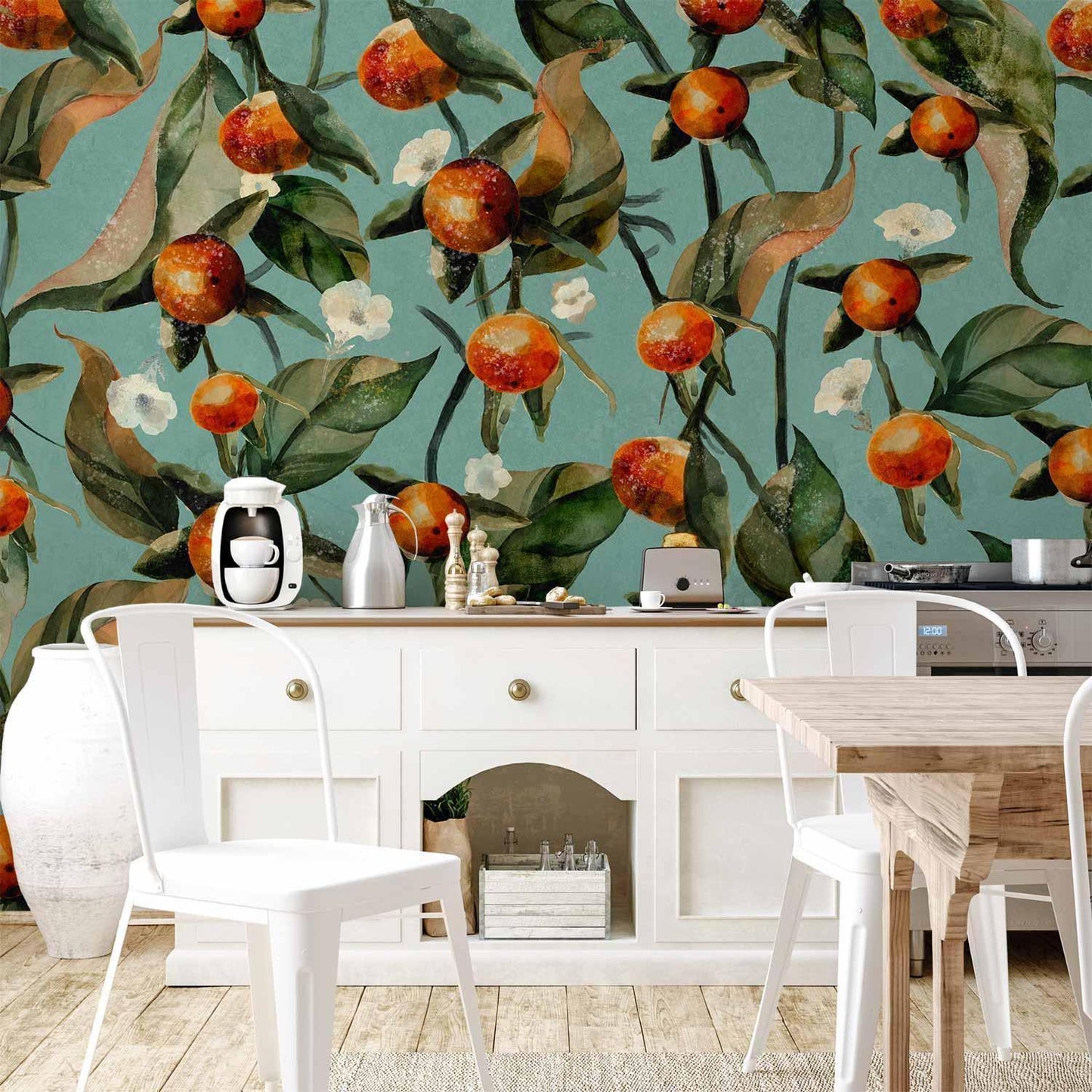 Appelsinlund - plantemotiv med frukt og blader på blå bakgrunn