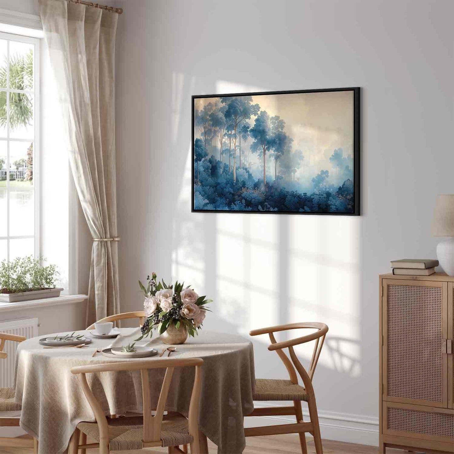 Landskap med trær i illustrativ stil Eventyrlig blå skog