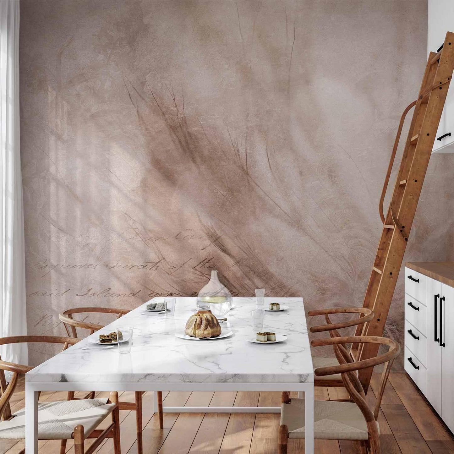 Abstrakt scandi boho - delikat komposisjon med bokstaver og blomster
