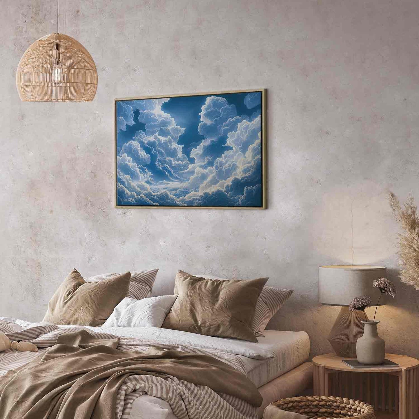 Blå himmel som bryter gjennom hvite, luftige skyer