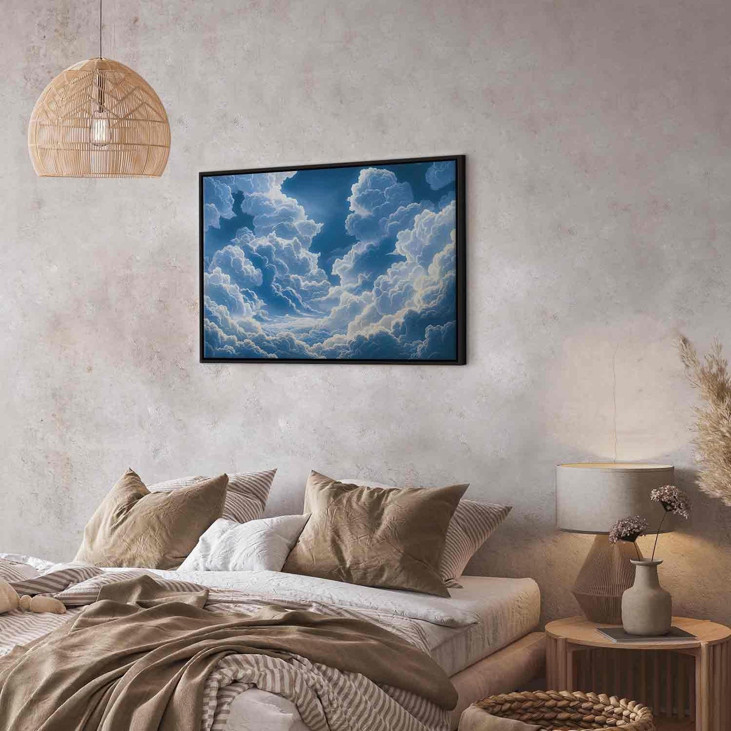 Blå himmel som bryter gjennom hvite, luftige skyer