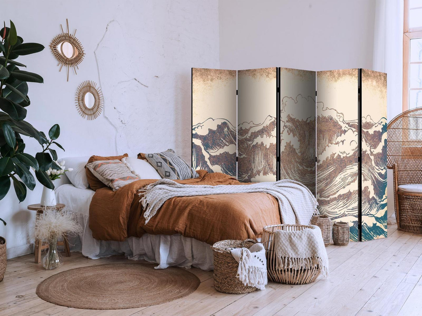 Turbulent hav - Høye bølger i brune og marineblå farger på en beige bakgrunn i vintagestil
