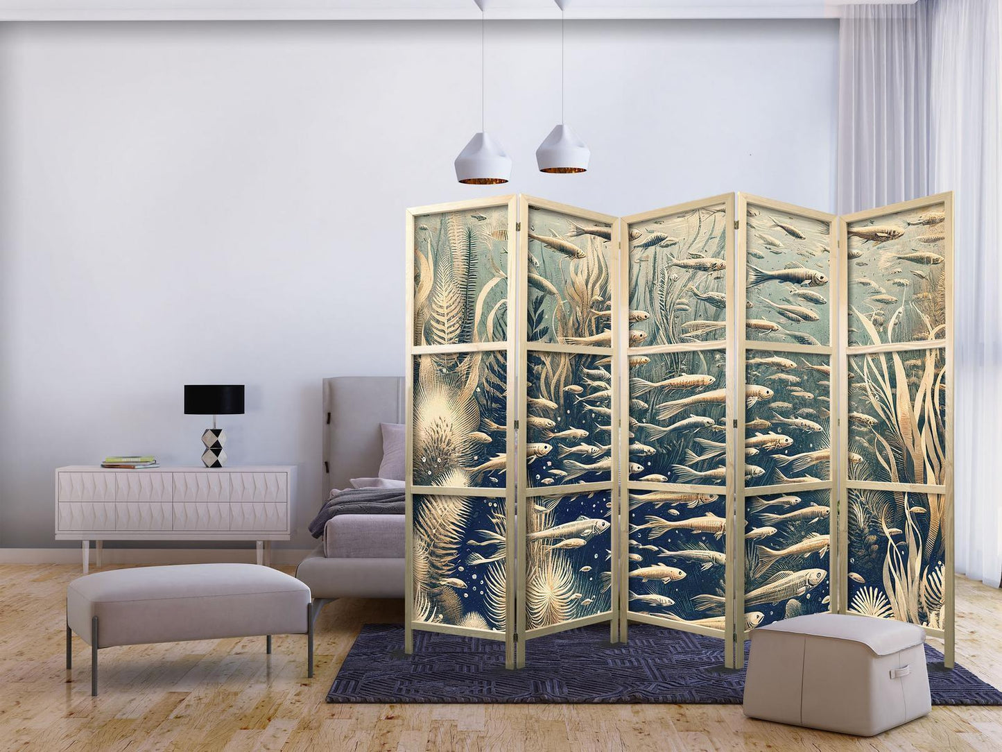 Livet i havet - Undervannsverden av fisk og vegetasjon i beige og marineblå farger i retrostil