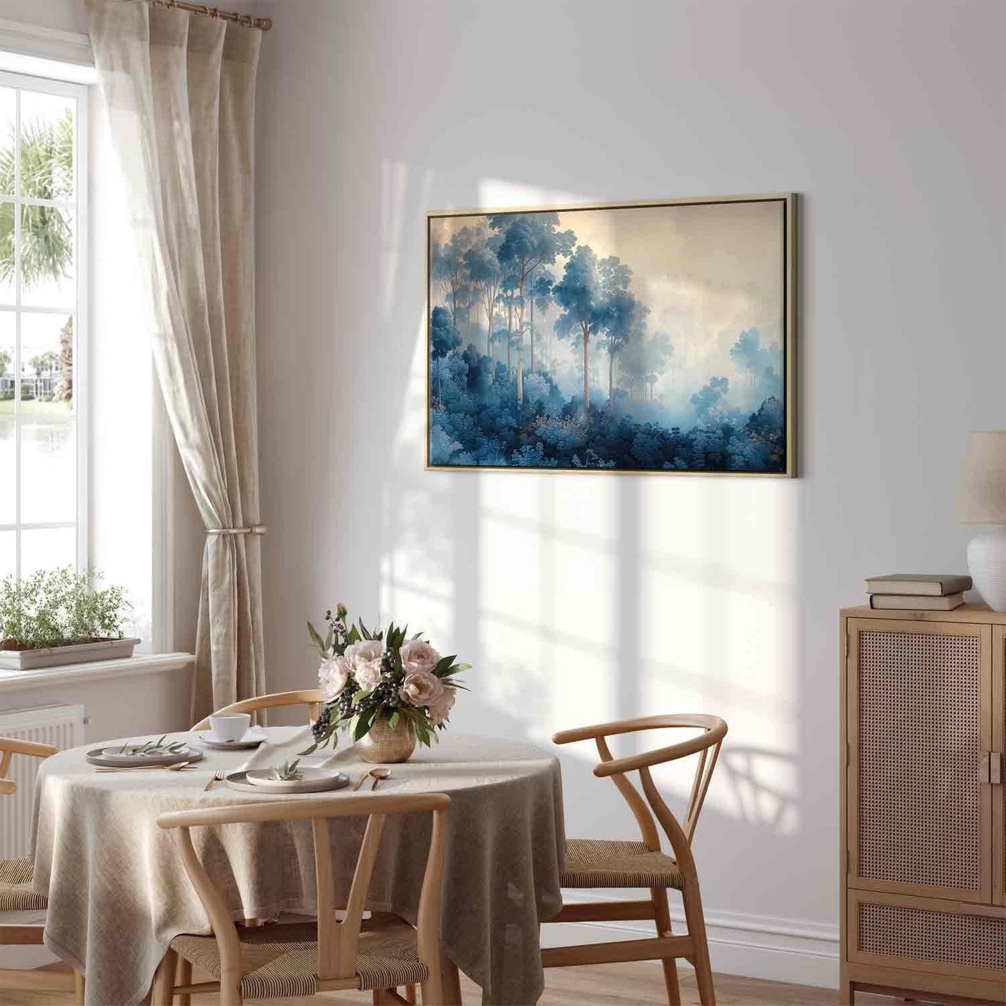 Landskap med trær i illustrativ stil Eventyrlig blå skog