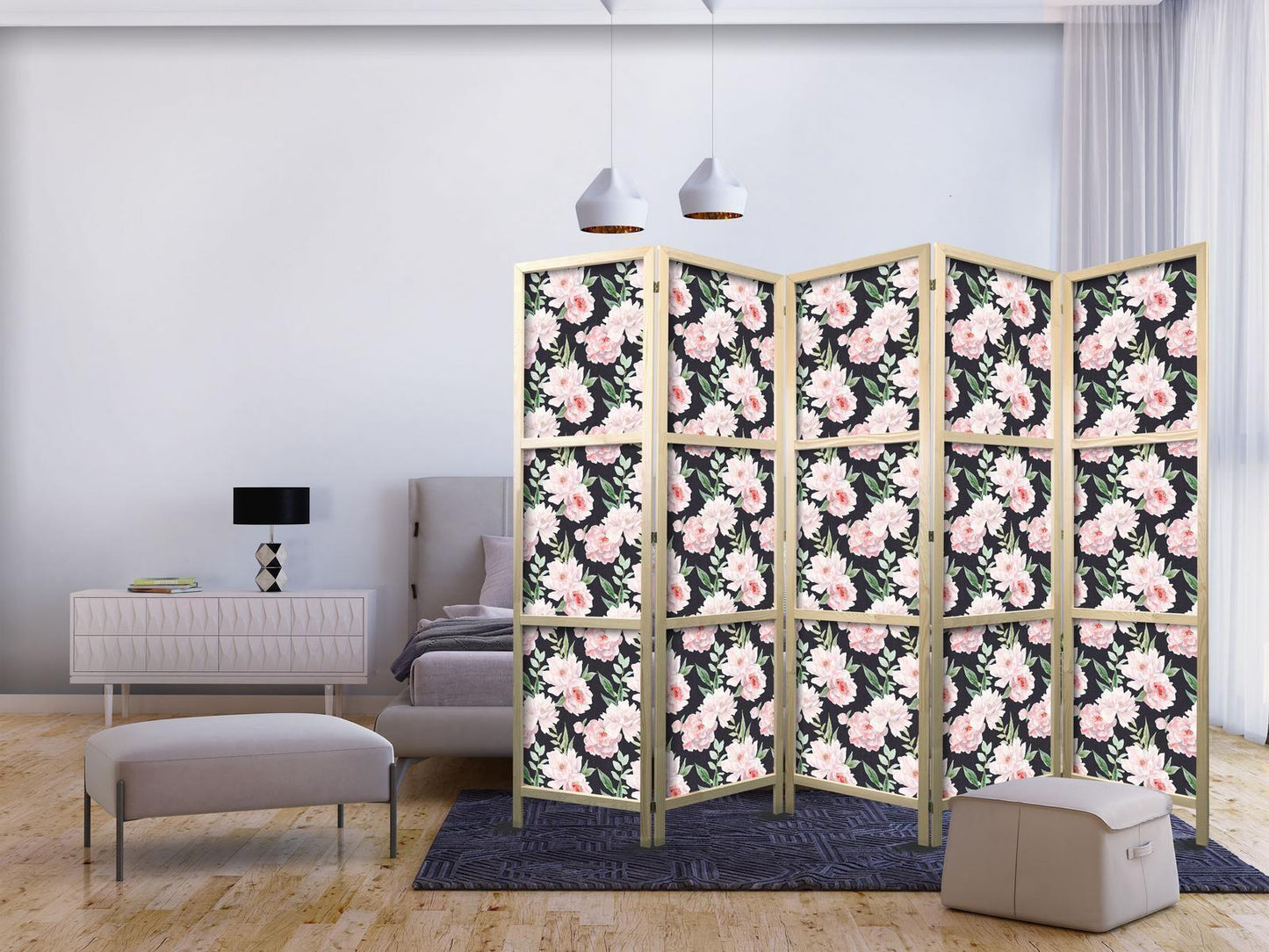 Peoner - Rosa blomster og grønne blader på en grafittfarget bakgrunn