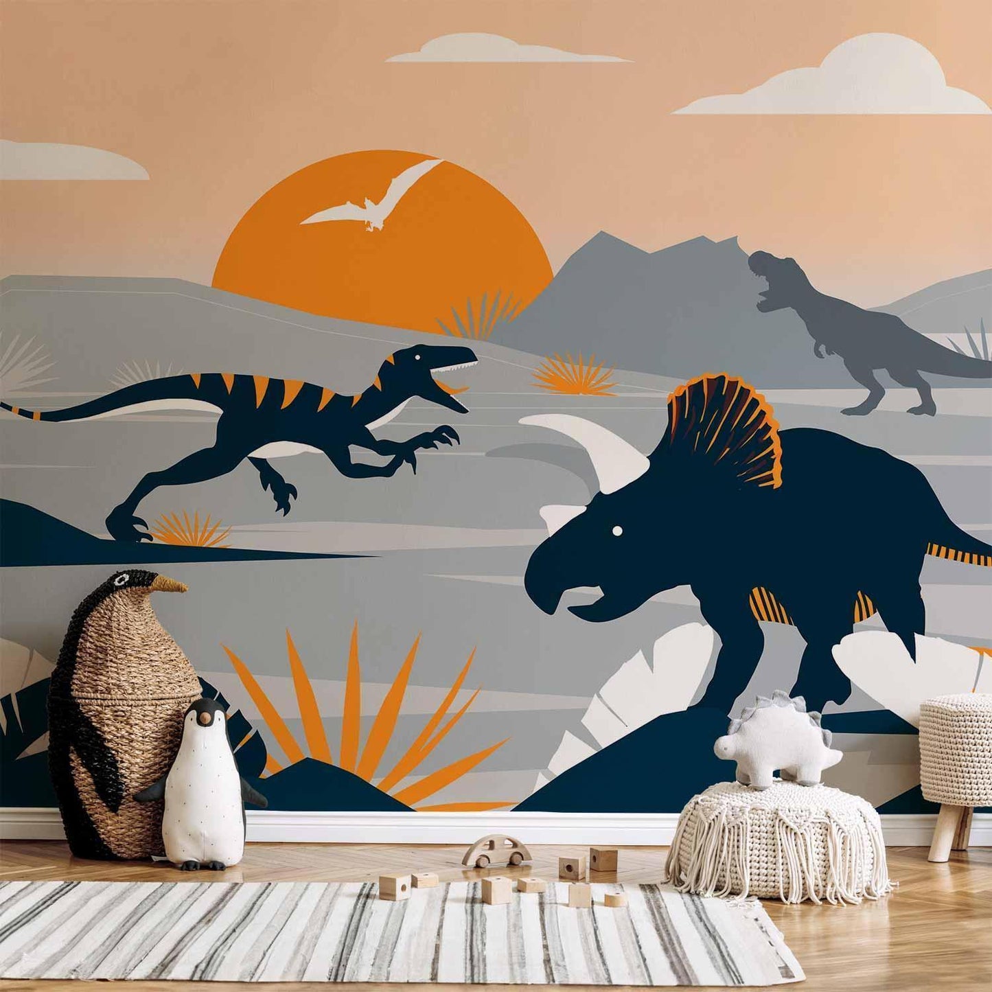 Siste dinosaurer med oransje - Abstrakt landskap for et rom