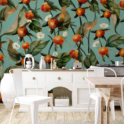 Appelsinlund - plantemotiv med frukt og blader på blå bakgrunn