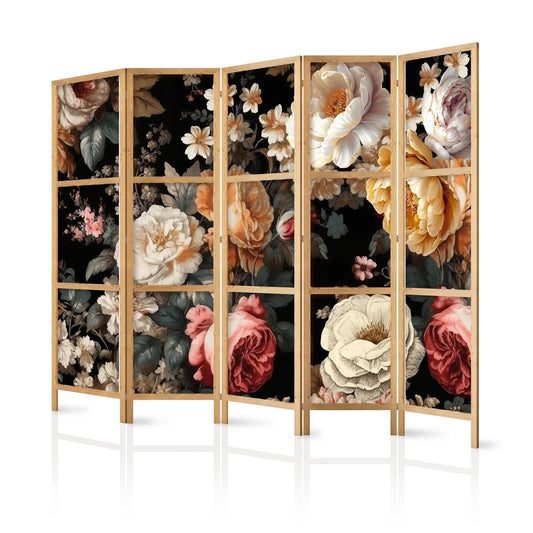 Blomsterdekorasjoner i vintagestil - Store fargerike blomster på svart bakgrunn