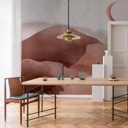 Ørkenlandskap - ørkenlandskap med måne og soloppgang