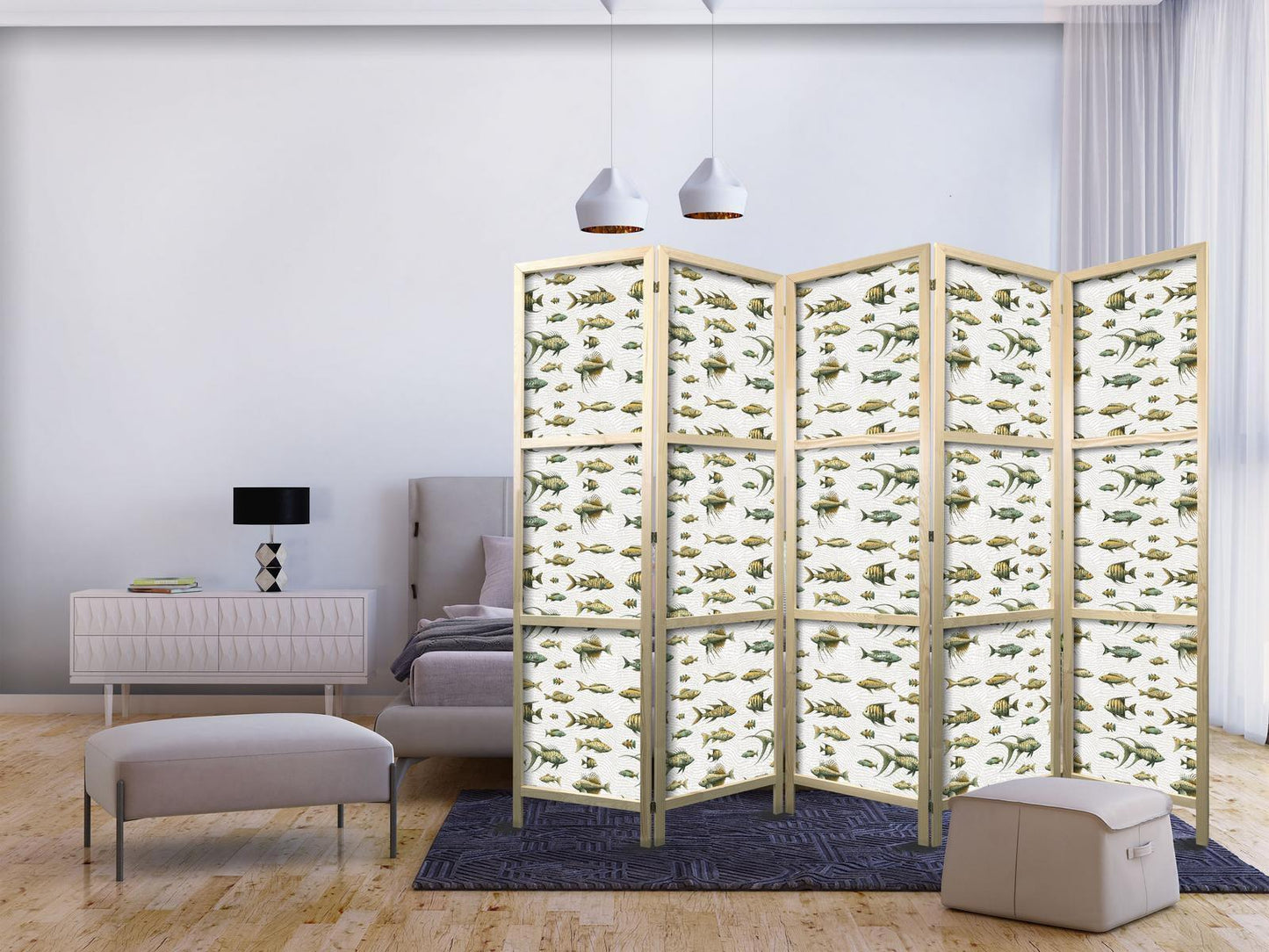 Uvanlige fiskearter - En klynge av fisk i dempede farger i retrostil mot en bakgrunn av beige striper