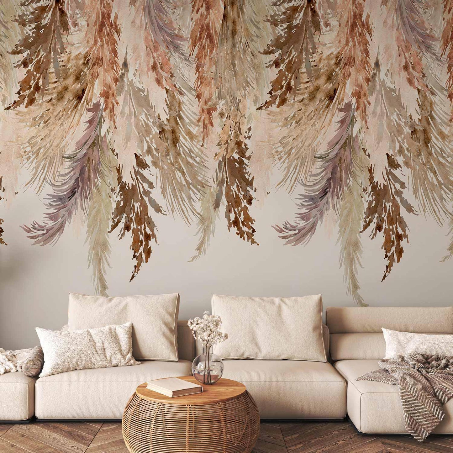 Minimalistisk boho-landskap - Dinglende blader i beige farger