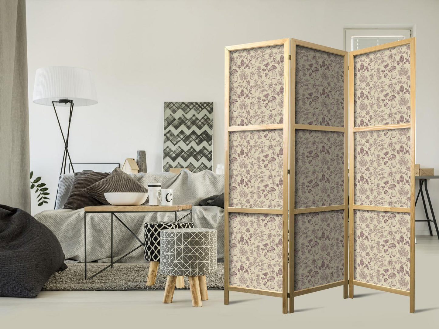Beige skogens natur - Sopp, blomster og urter på en lys bakgrunn