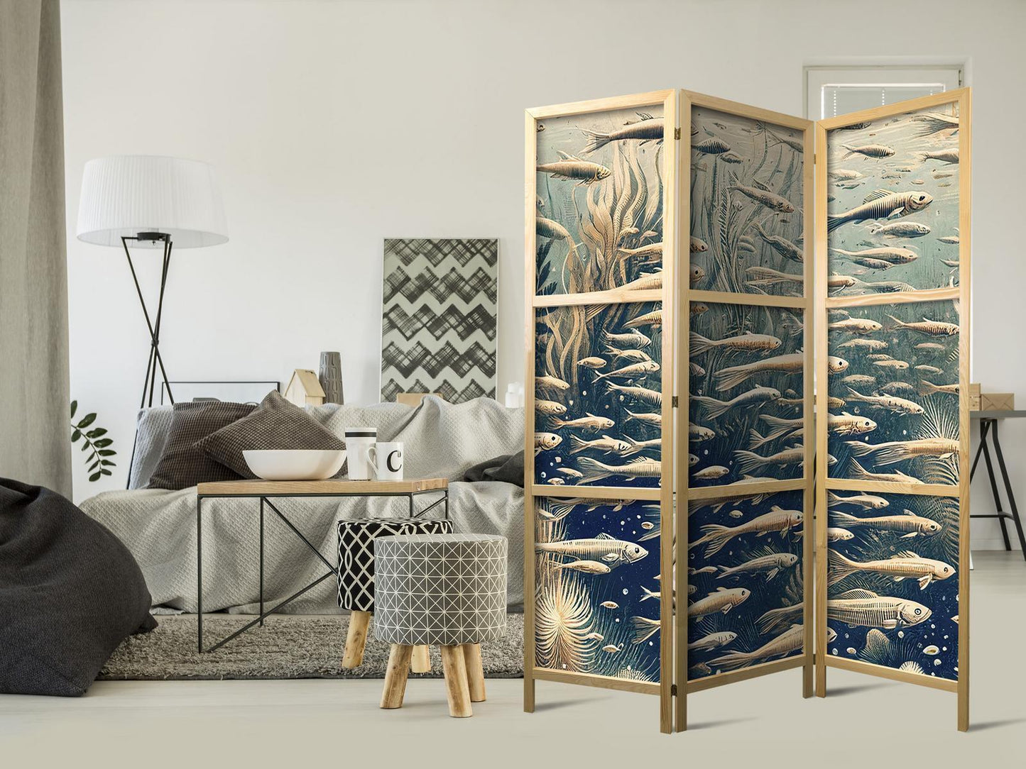 Livet i havet - Undervannsverden av fisk og vegetasjon i beige og marineblå retrostil