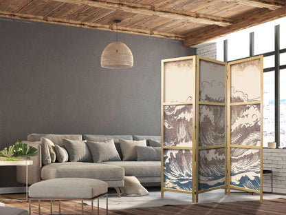 Turbulent hav - høye bølger i brunt og marineblå på beige bakgrunn i vintagestil