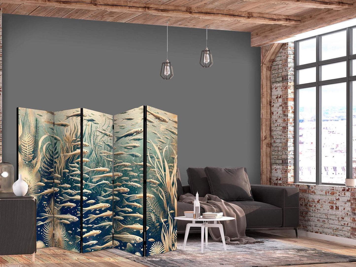 Livet i havet - Undervannsverden av fisk og vegetasjon i beige og marineblå farger i retrostil