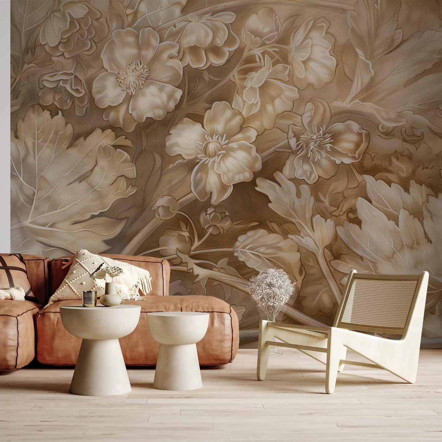 Blomsterornamenter skåret ut i delikate sepia- og bruntoner