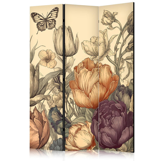 Tulipaner i krem - Illustrasjon av blomster og sommerfugler på en lys bakgrunn
