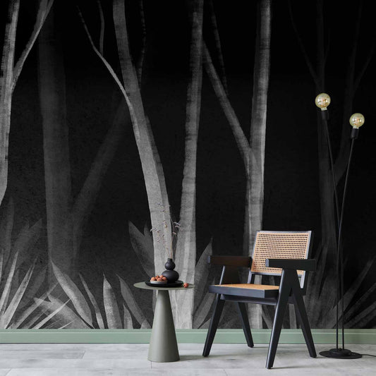 Støy fra skogen om natten - Minimalistisk landskap av hvite trær på svart bakgrunn