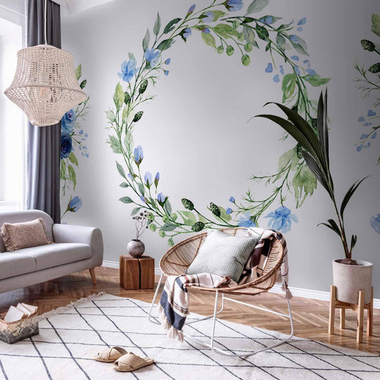 Romantisk krans - Plantemotiv med blå blomster og blader