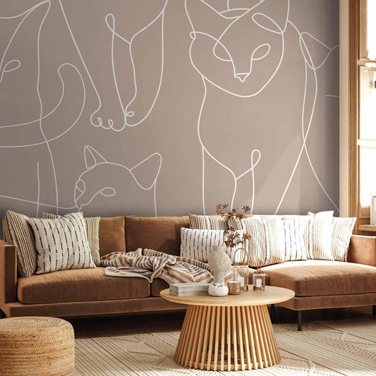 Kattelinjetegning - Minimalistiske skisser av hvite katter på beige bakgrunn