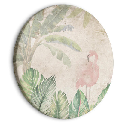 Fugler som vasser blant eksotisk flora - Flamingoer i frodig tropisk vegetasjon i duse pastellgrønne nyanser/Fugler i jungelen