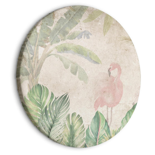 Fugler som vasser blant eksotisk flora - Flamingoer i frodig tropisk vegetasjon i duse pastellgrønne nyanser/Fugler i jungelen