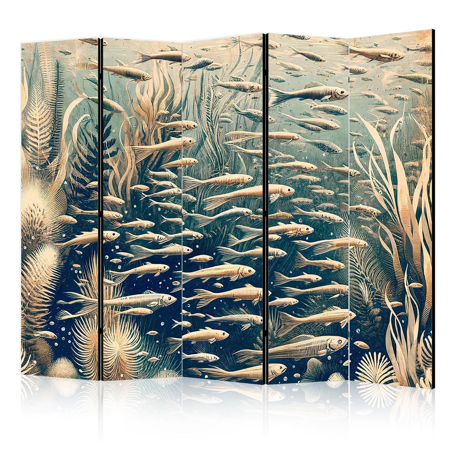 Livet i havet - Undervannsverden av fisk og vegetasjon i beige og marineblå farger i retrostil