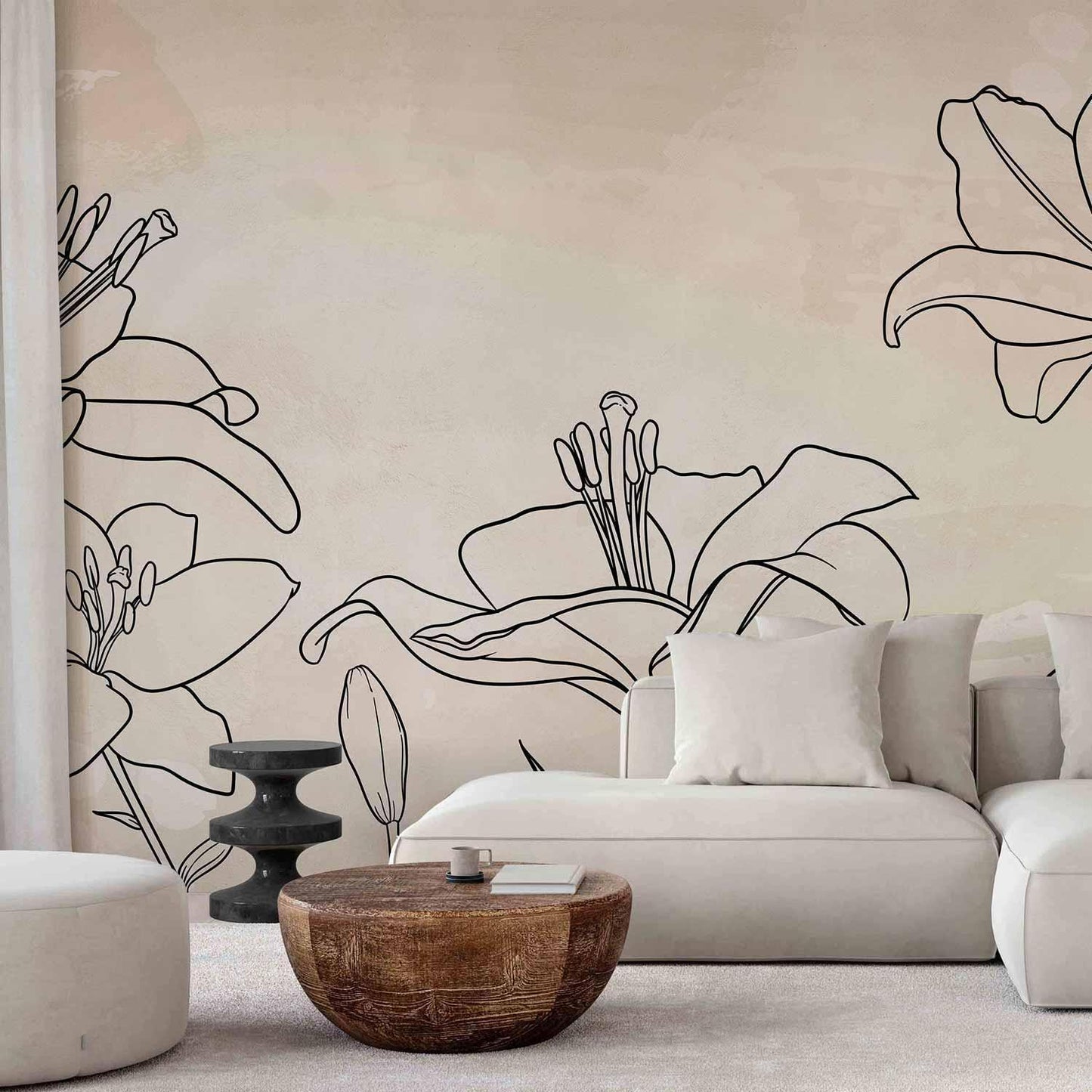Naturskisse - Minimalistisk strektegning med liljeblomster på beige bakgrunn