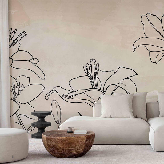 Naturskisse - Minimalistisk strektegning med liljeblomster på beige bakgrunn