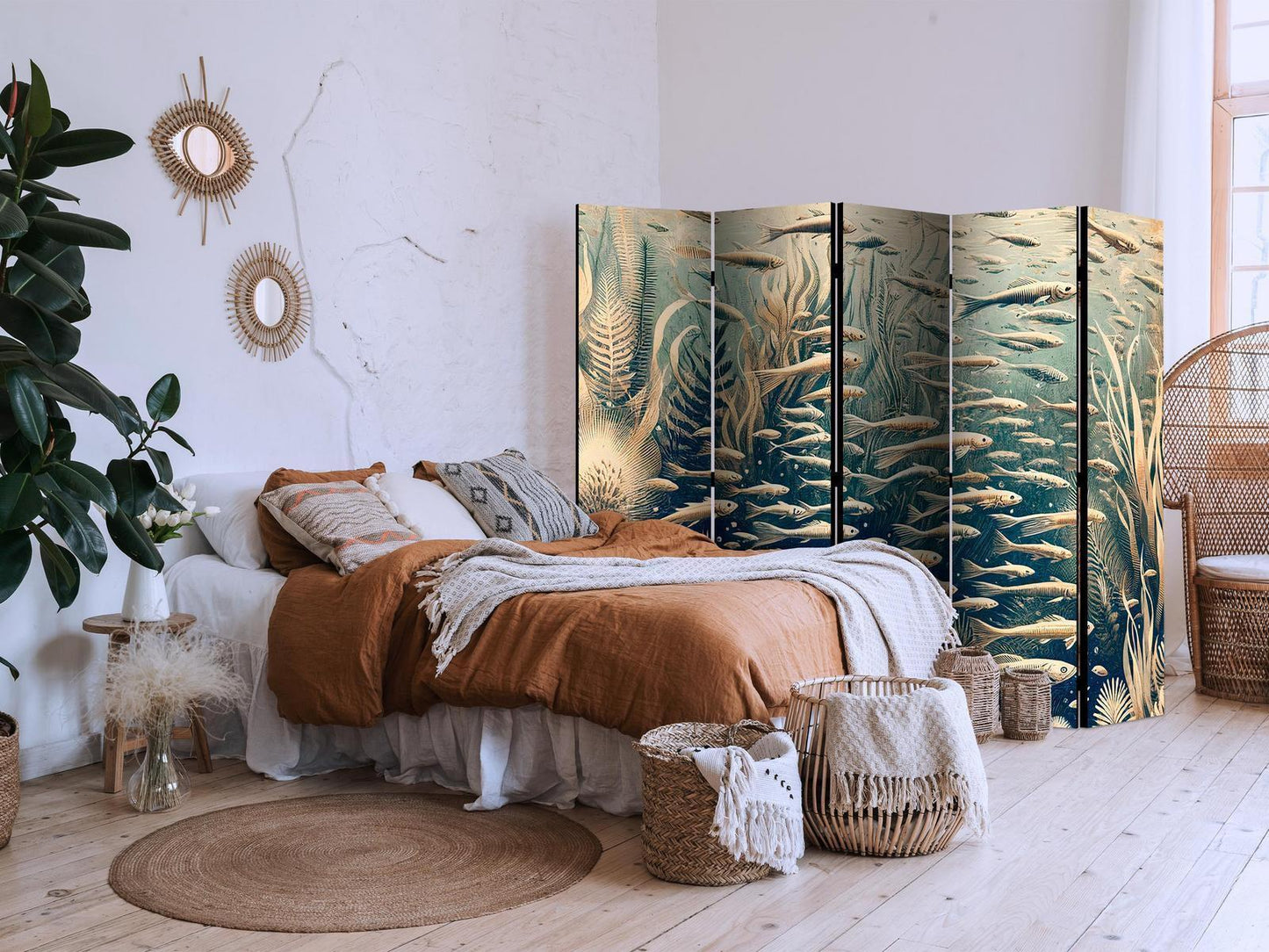 Livet i havet - Undervannsverden av fisk og vegetasjon i beige og marineblå farger i retrostil
