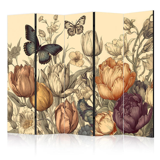 Tulipaner i krem - Illustrasjon av blomster og sommerfugler på en lys bakgrunn