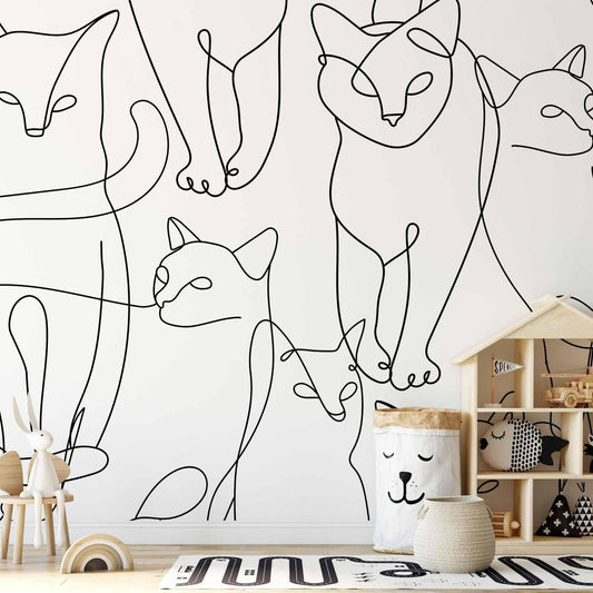 Kattelinjetegning - Minimalistiske skisser av svarte katter på hvit bakgrunn