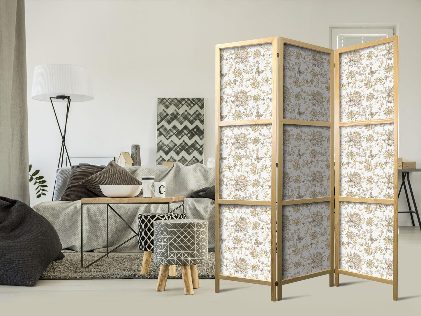Beige nyanser av natur - Blomster og sommerfugler på hvit bakgrunn - Illustrasjon