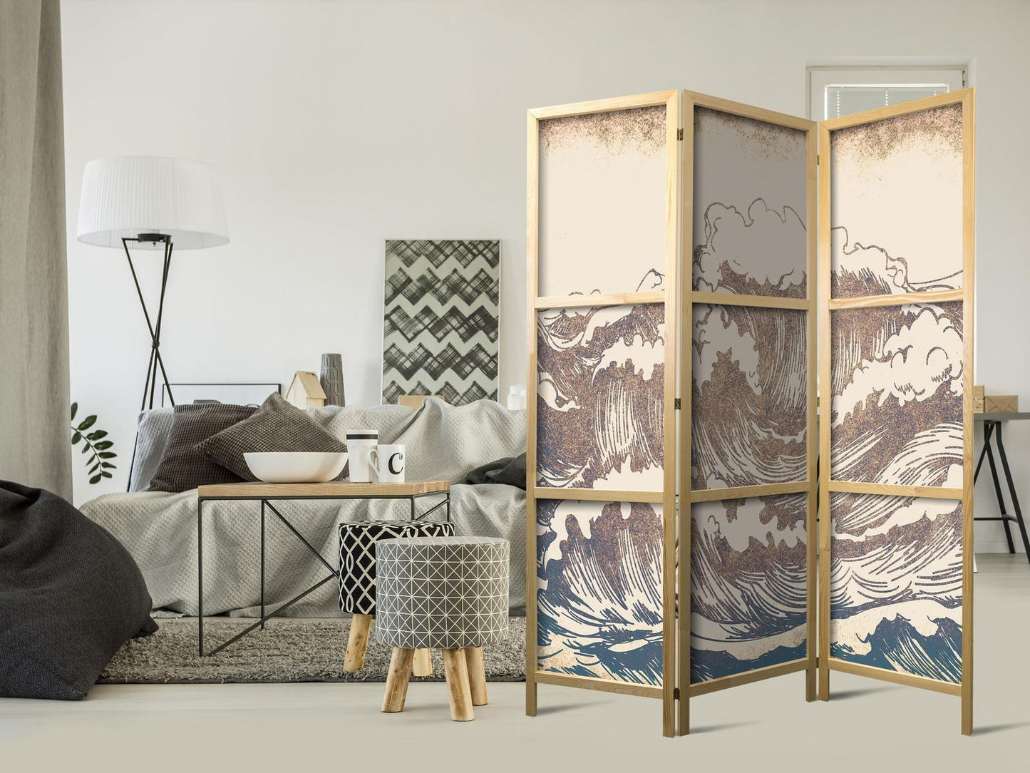 Turbulent hav - høye bølger i brunt og marineblå på beige bakgrunn i vintagestil