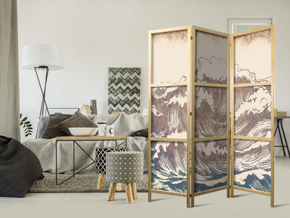 Turbulent hav - høye bølger i brunt og marineblå på beige bakgrunn i vintagestil
