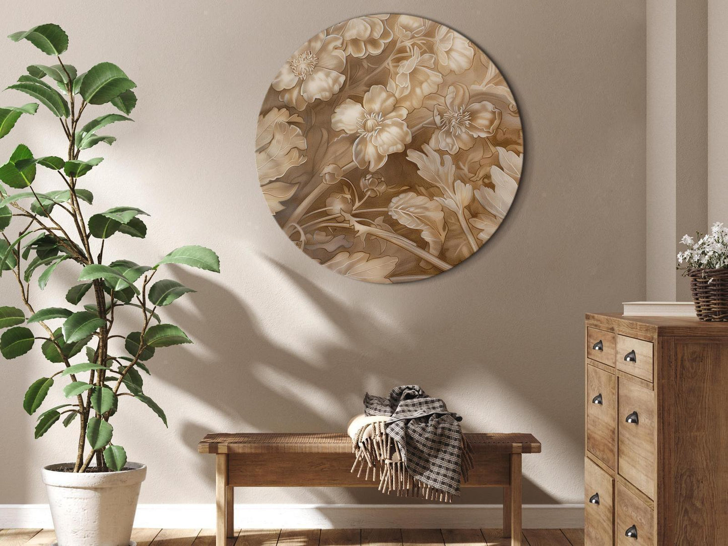 Blomsterornamenter skåret ut i delikate sepia- og bruntoner