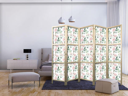 Peoner - Rosa og hvite blomster og grønne blader på hvit bakgrunn